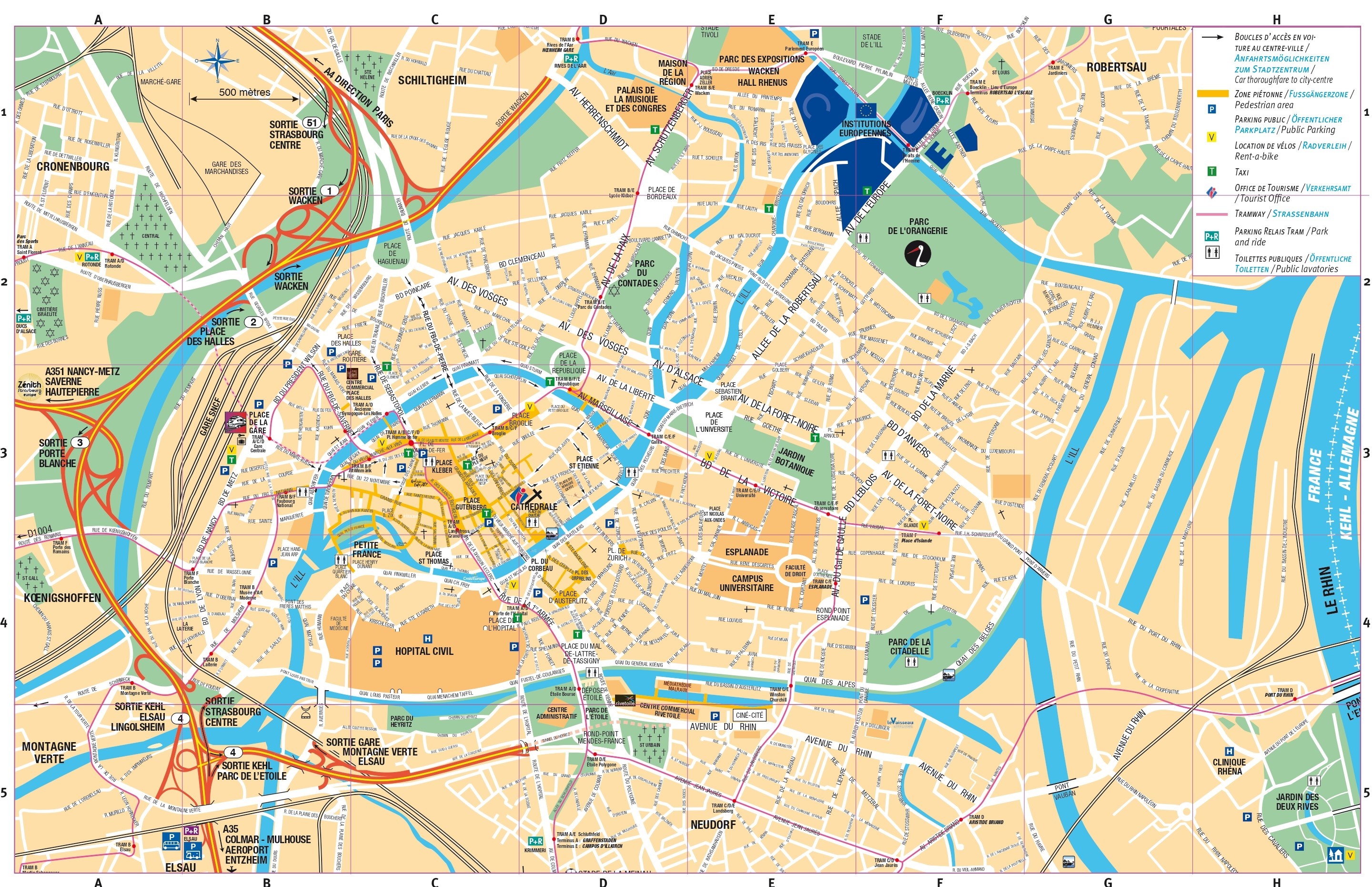 Map of Strasbourg: downtown area, tram and bus |SCB